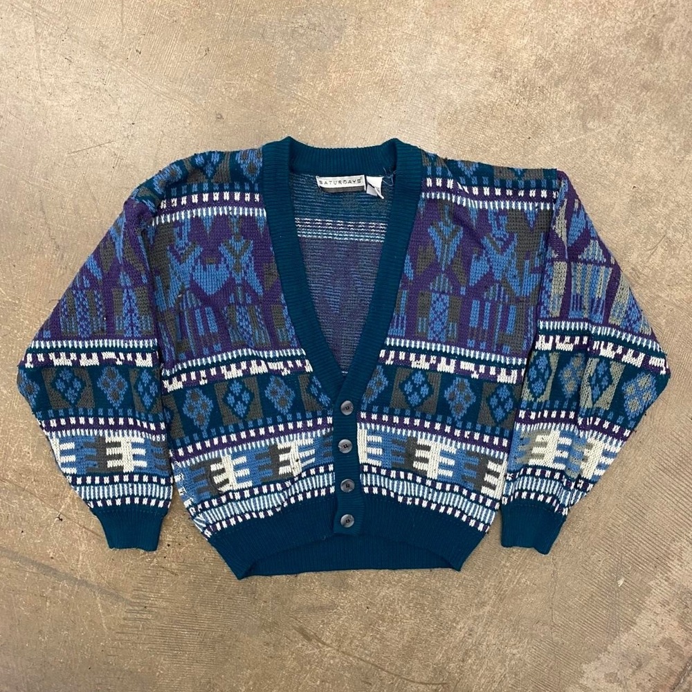 Vintage 90s Saturdays Cardigan Knit Winter Pattern Essential Size Large